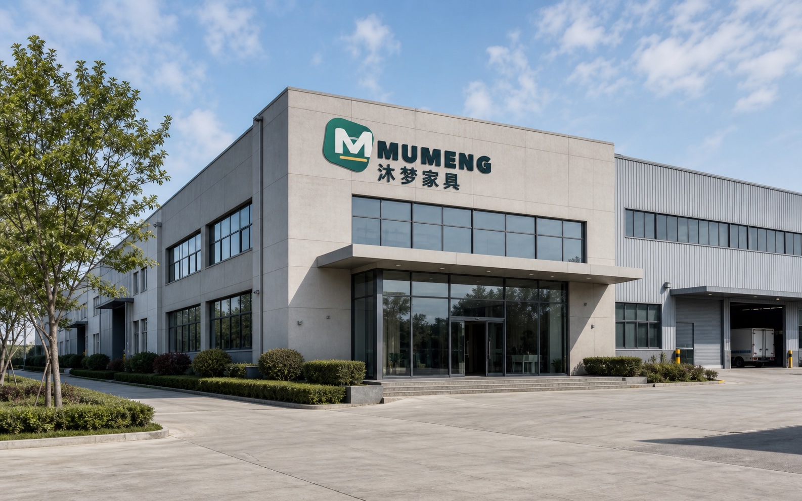 MUMENG factory exterior with the MUMENG and 沐梦家具 facade signs
