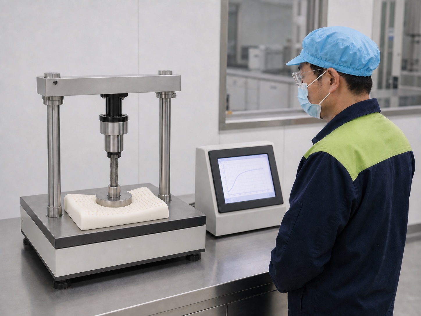 MUMENG technician monitoring a compact compression test on a KC003 children's latex pillow