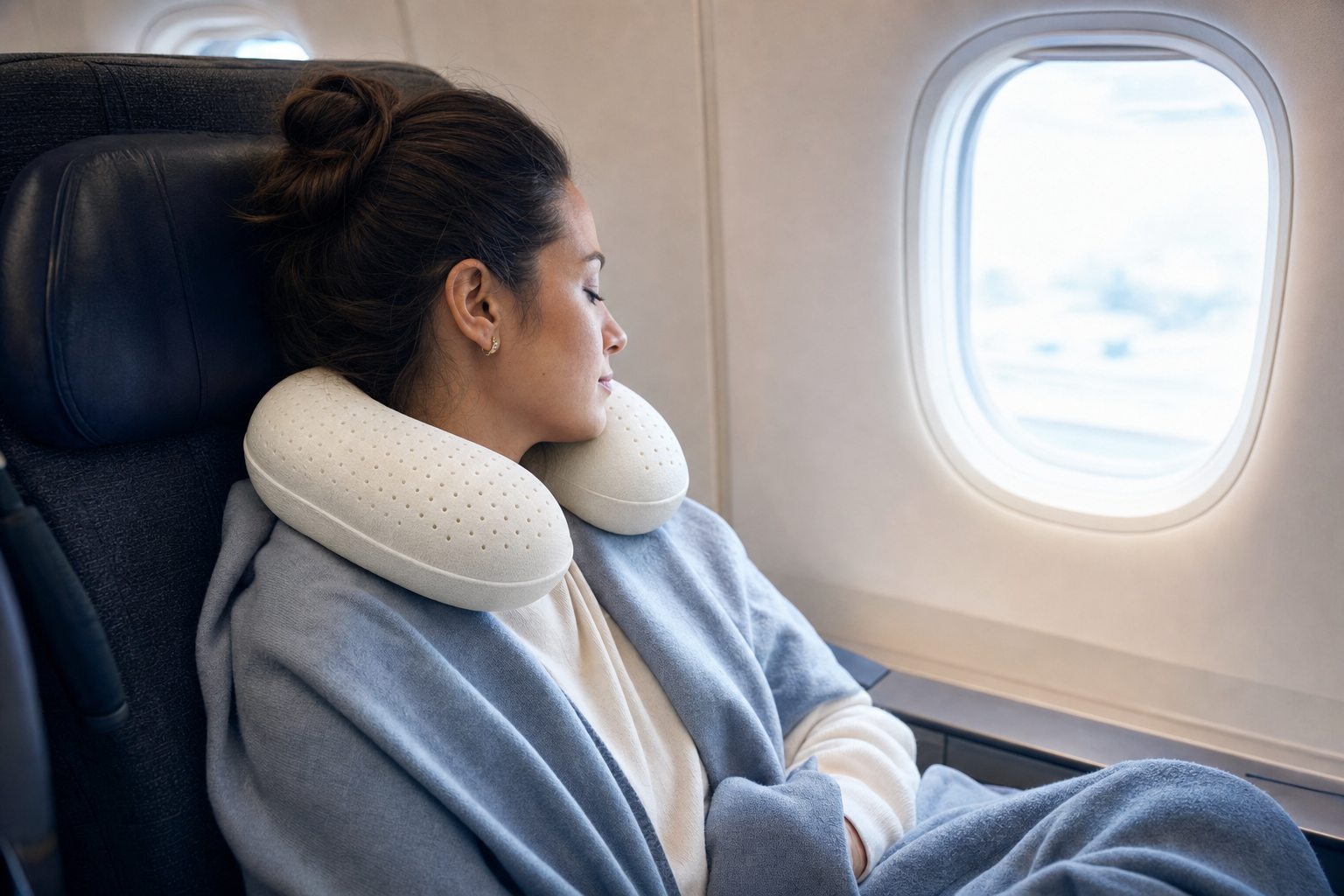 Woman using a latex travel pillow on a flight